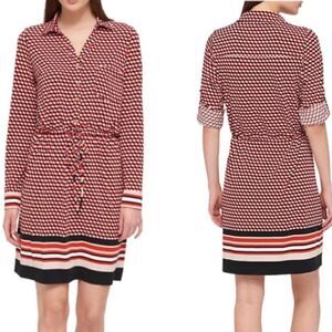 Tommy Hilfiger 10 Geometric & Stripes Jersey Long Sleeve Collared Shirt Dress